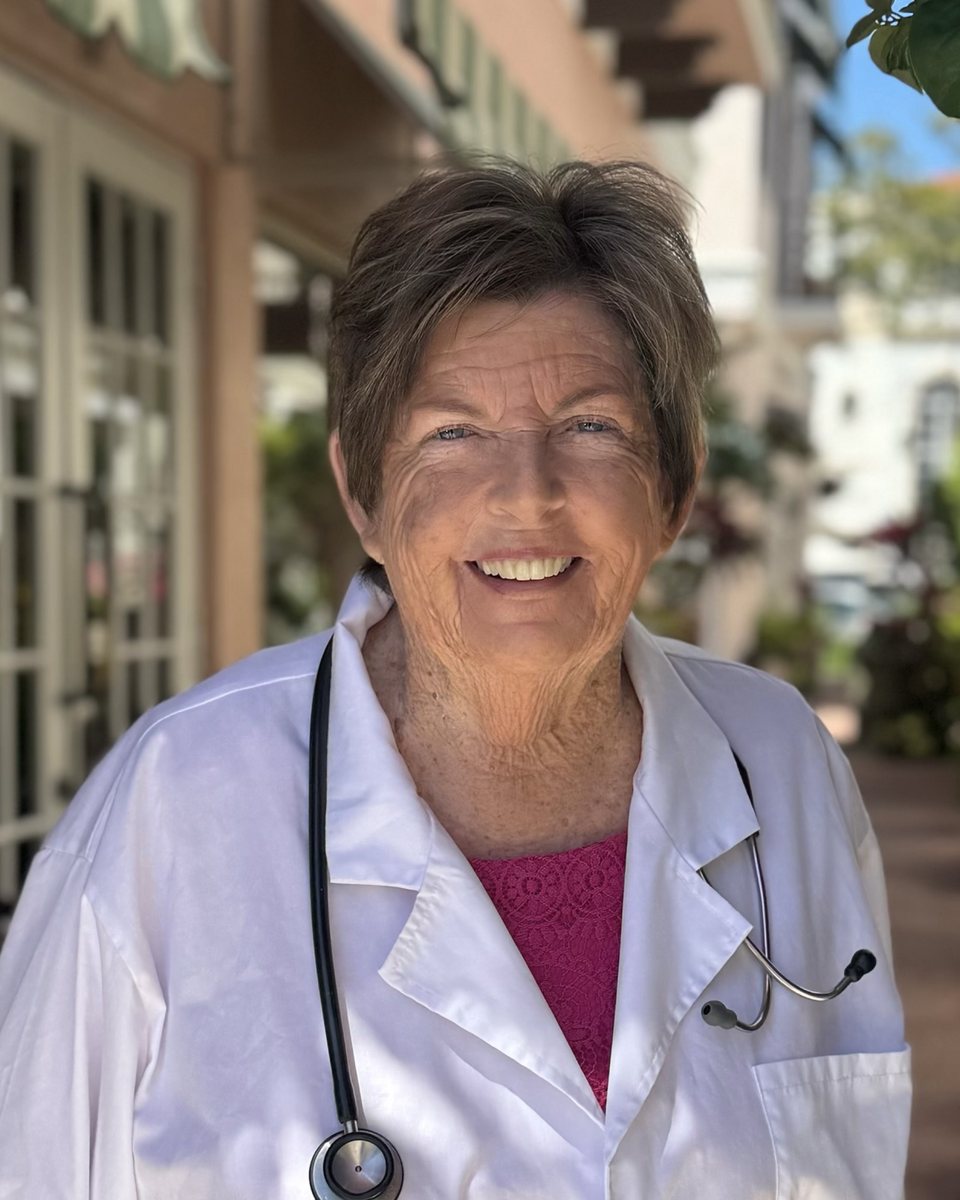 Dr. Kathleen Broderick, smiling in a white coat with a stethoscope, outside her office in downtown Naples, Florida